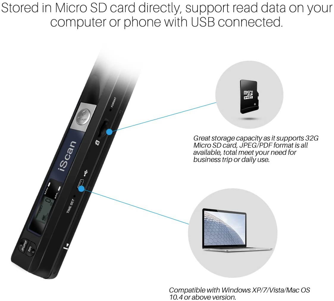 Portable handheld large-capacity mobile receipt and document scanner Mini scanner Suitable for PC and Mac Suitable for business receipt JPEG/PDF format (900DPI, AA battery power) BLACK