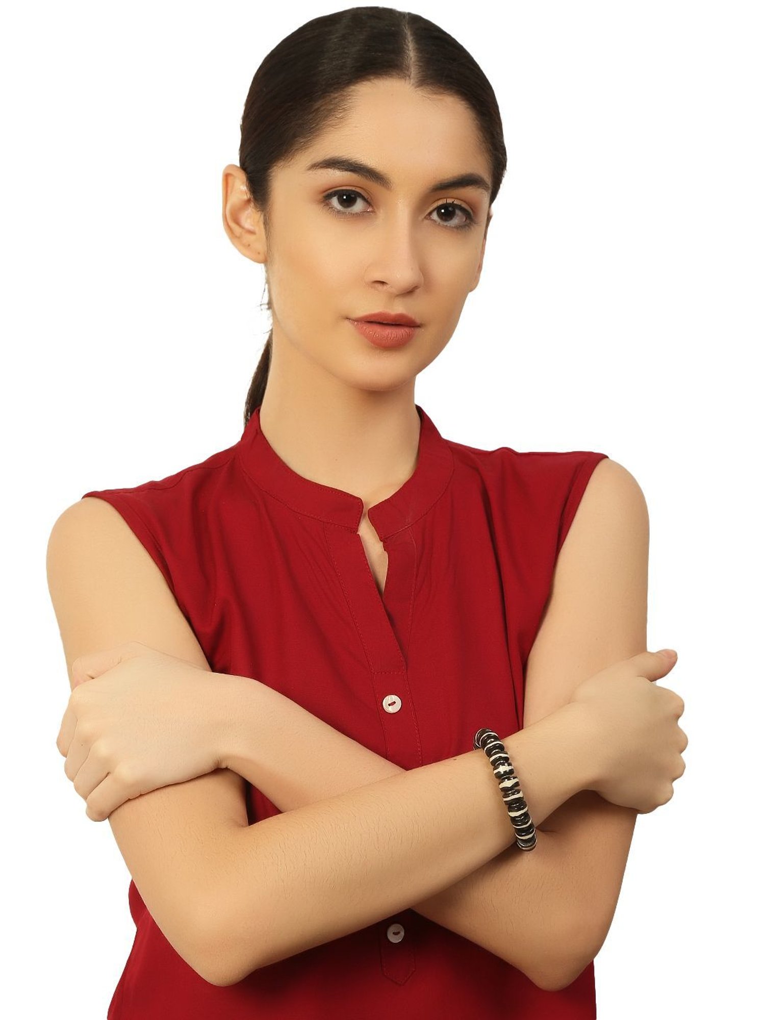 IMLI STREET Black & White Artificial Beaded Stretchable Bracelet for Women