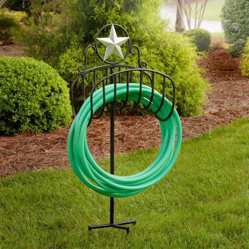 Liberty Garden Decorative Manger Style Water Hose Stand Holder Hanger with Star Top Design for Backyard with Heavy Duty 3 Prong Anchor Support, Black