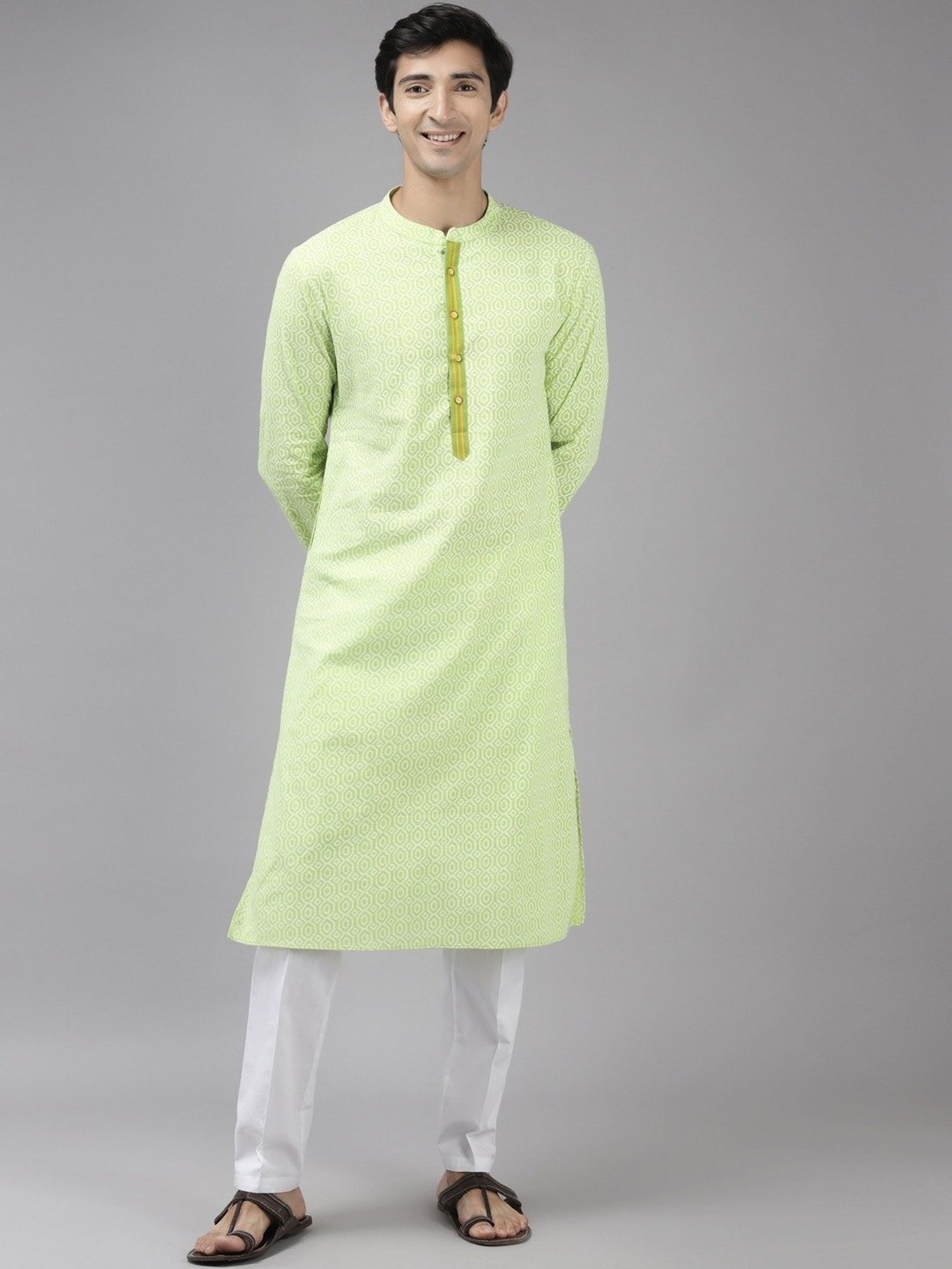 See Designs Lime Green & White Cotton Regular Fit Printed Kurta Bottom Set