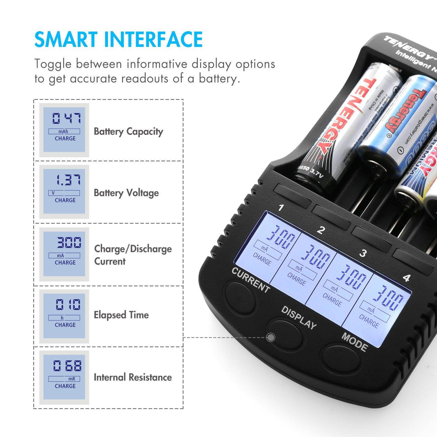 Tenergy TN456 Intelligent Universal Battery Charger with 4 Slots, LCD Display, USB Output, Power Adapter, Rechargeable Battery Charger for Li-ion/NiMH/NiCD Rechargeable Batteries
