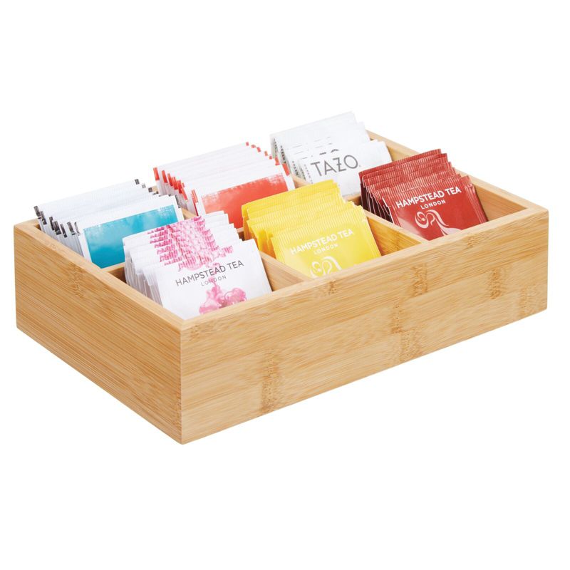 mDesign Bamboo Wood Tea & Food Organizer Bin - 6 Sections, 2 Pack - Natural