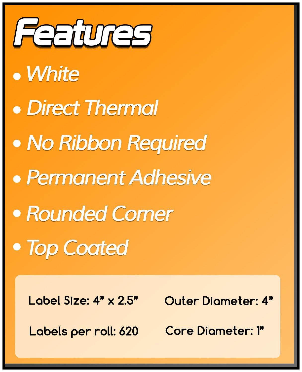 [10 Rolls / 6200 Labels] SOJITEK ZE1400212 4 x 2.5 Inch Thermal Labels Zebra Compatible Labelwriter Desktop Printer - 1" Core