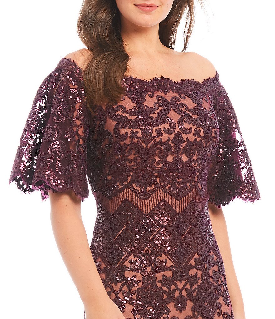 Tadashi Shoji Off-the-Shoulder Sequin Lace Scalloped Hem Gown