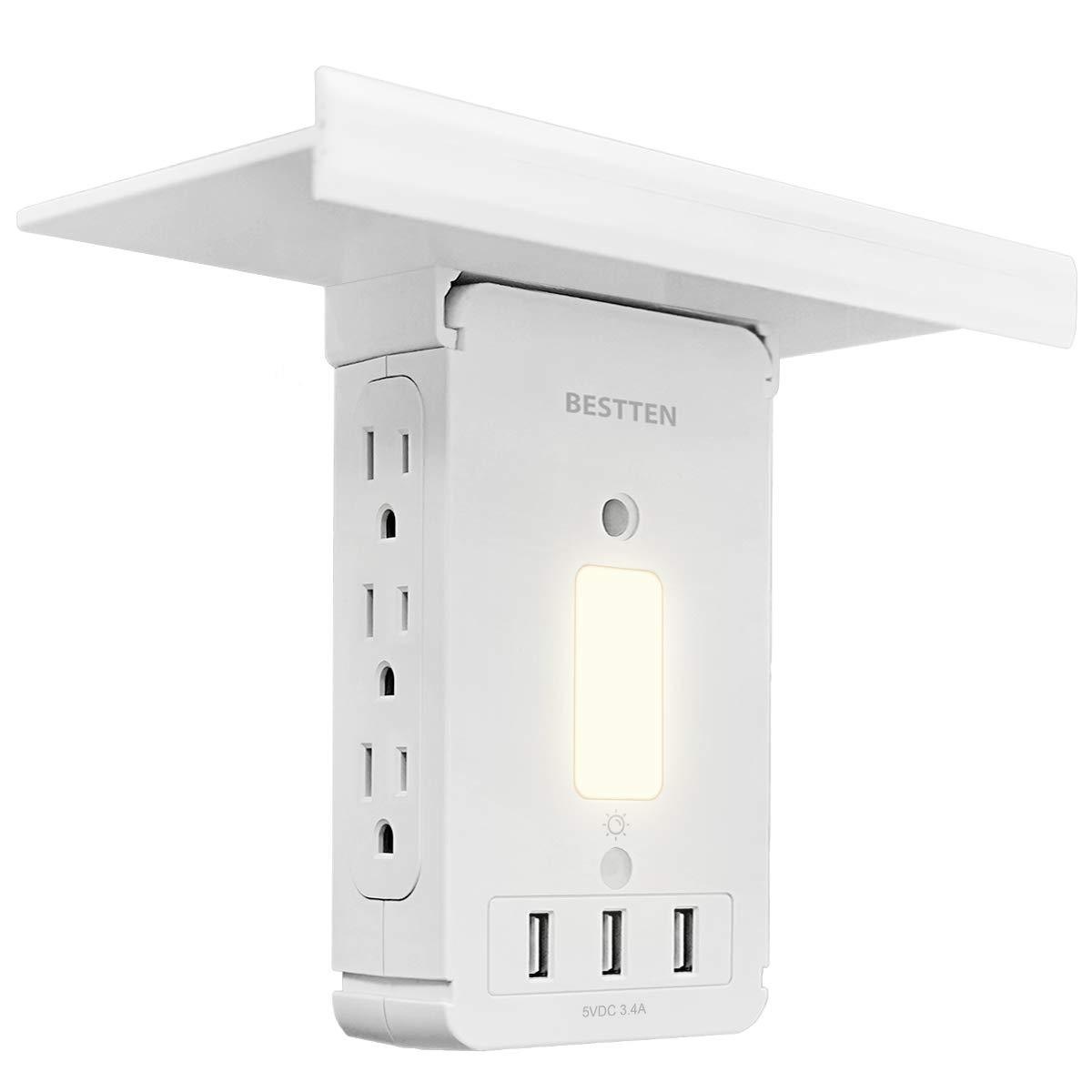BESTTEN Surge Protector USB Wall Outlet with Shelf, 3 USB Charging Ports (5V/3.4A), 6 Side Outlet, LED Night Light, 1020 Joule Surge Rating and Removable Top Shelf, FCC and SGS Certified