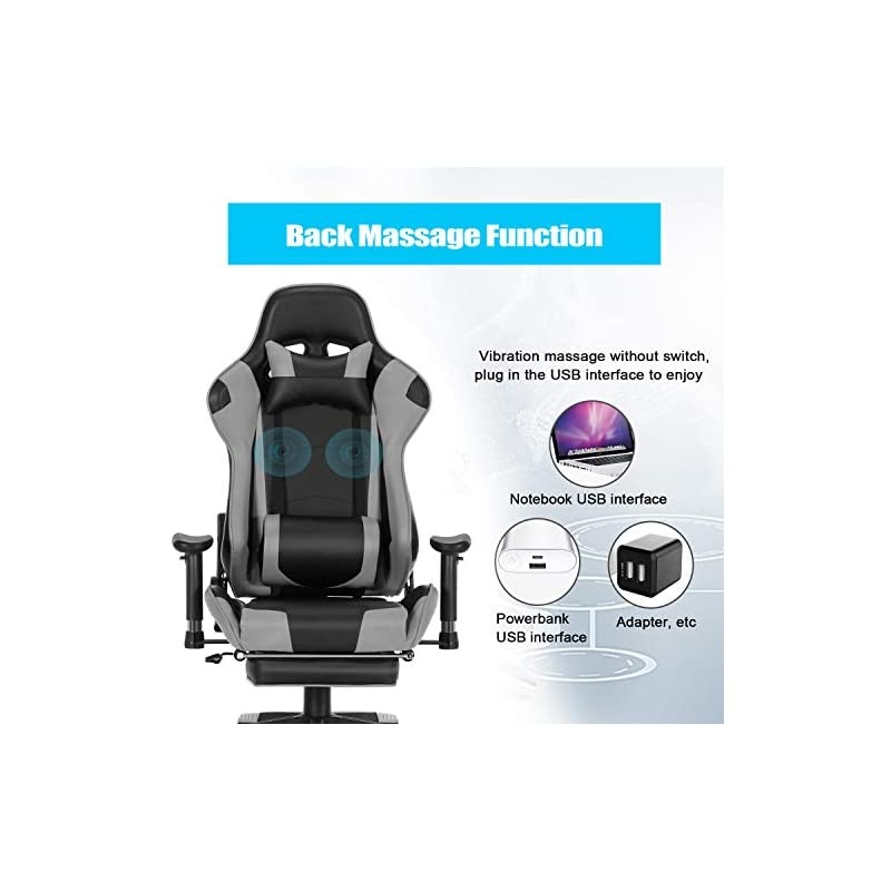 Back Massage Gaming Chair with Footrest,PC Computer Video Game Racing Gamer Chair High Back Reclining Executive Ergonomic Desk Office Chair with Headrest Lumbar Support Cushion GM002 (Grey)
