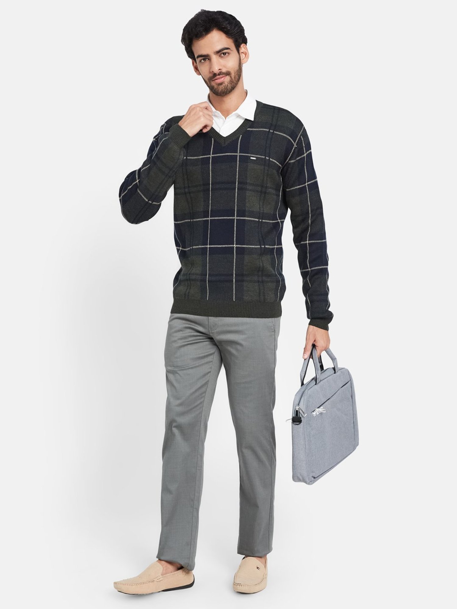 METTLE Olive Melange Regular Fit Check V Neck Sweater