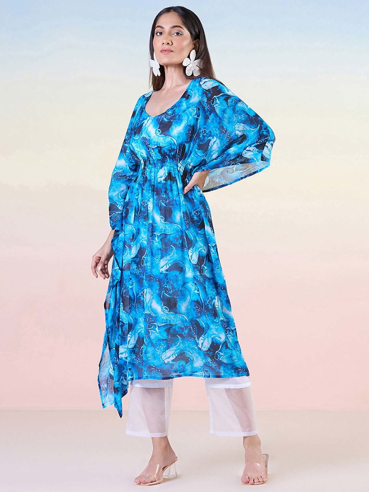 navyasa by liva Blue & White Kaftan & Pants Set
