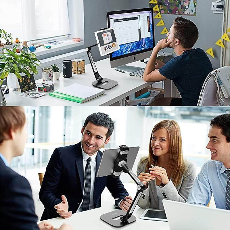 Long Arm Aluminum Tablet Stand, Folding iPad Stand with 360&deg; Swivel iPhone Clamp Mount Holder, Fits 4-11" Display Tablet/Phones for Kitchen Table Bedside Office Desk POS Kiosk Reception