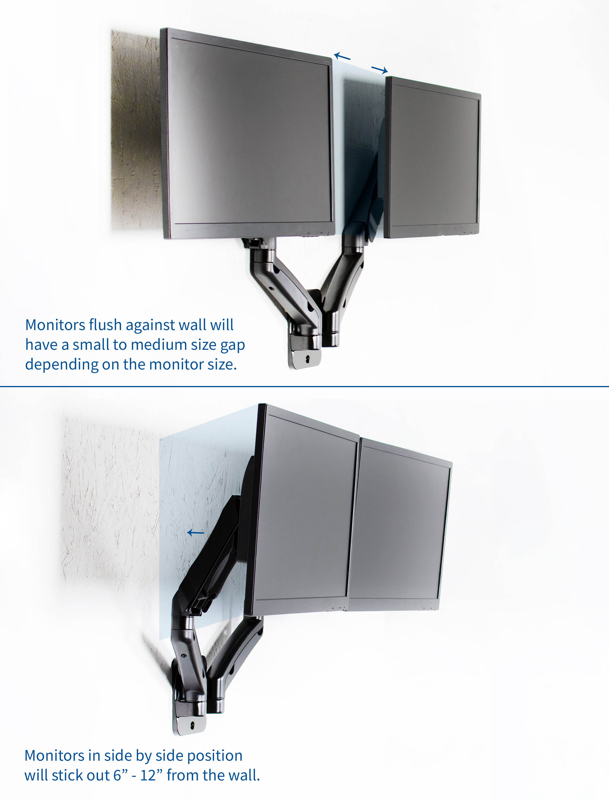 Black Gas Spring Extended Arm Full Motion Articulating Dual Monitor Wall Mount for 17" to 27" Screens