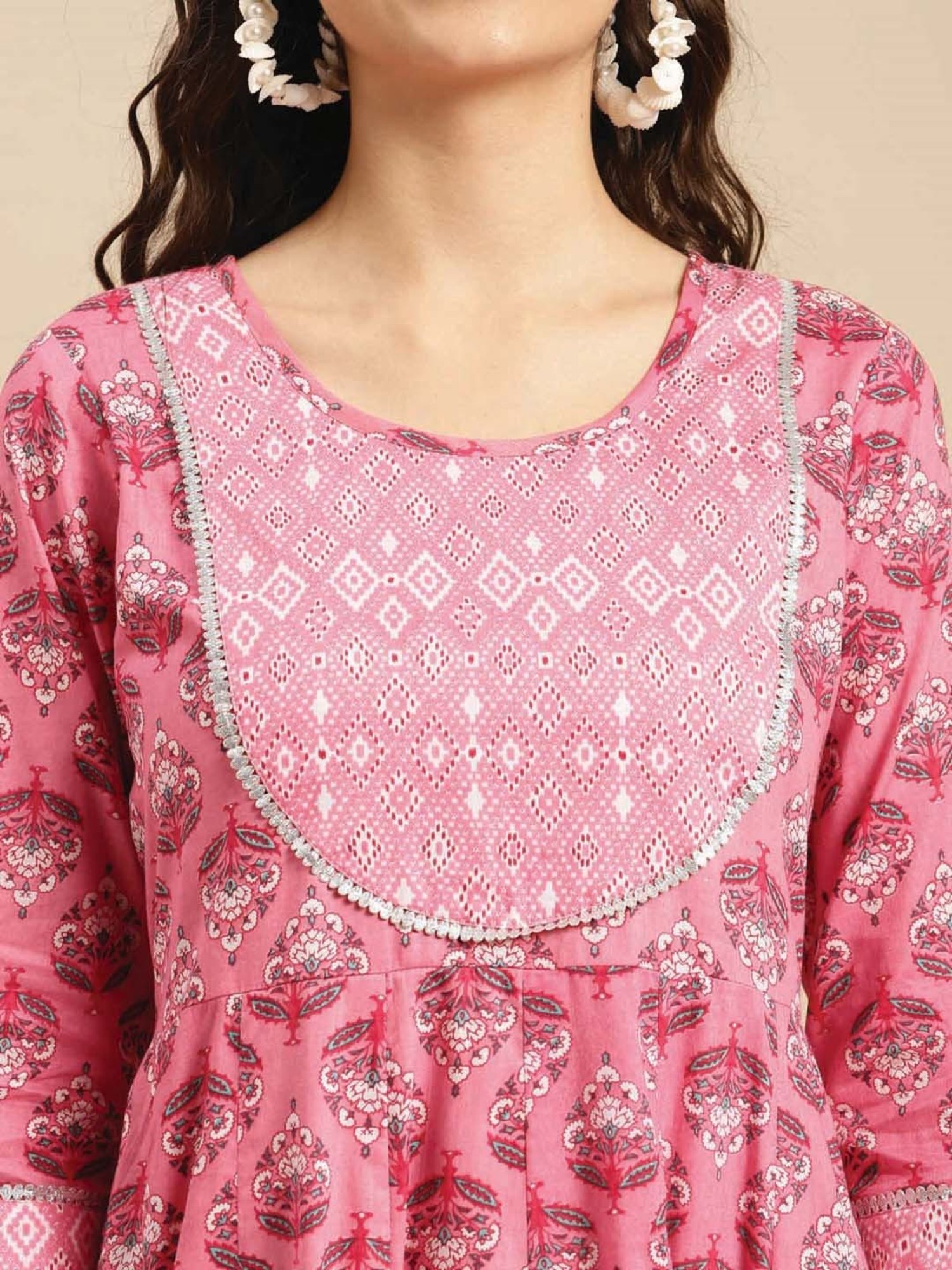 Rangita Pink & White Cotton Printed Kurta Pant Set