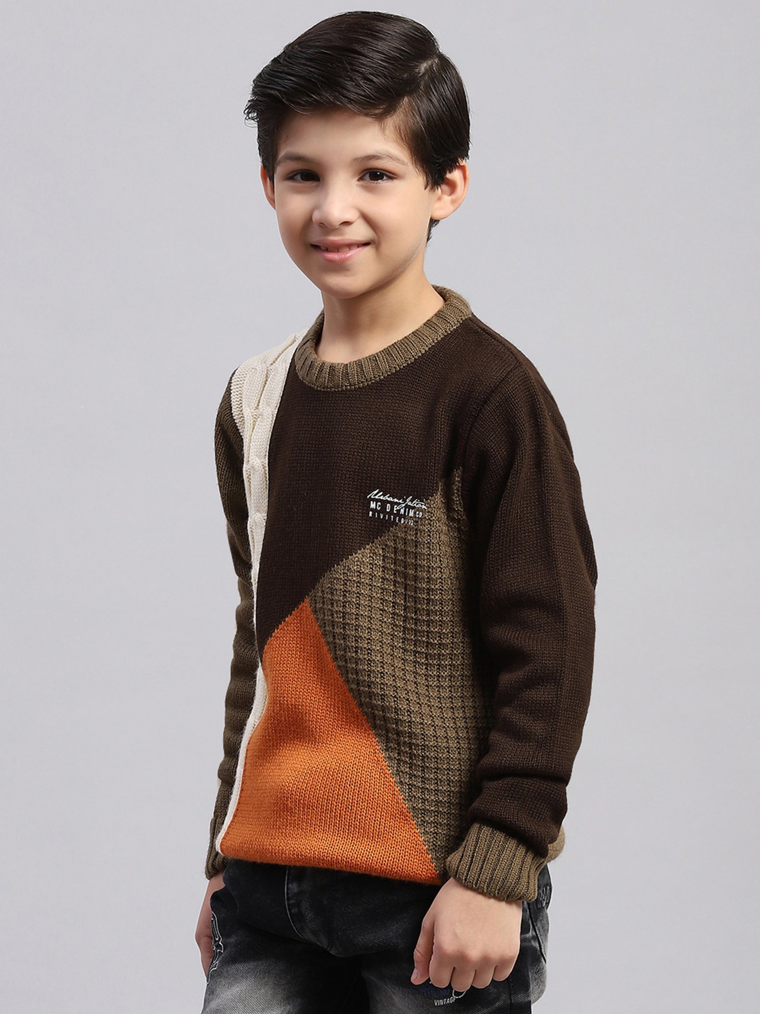 Monte Carlo Kids Multicolor Self Design Full Sleeves Sweater