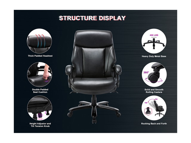 STARSPACE High Back Big & Tall 400lb Bonded Leather Office Chair Large Executive Desk Computer Swivel Chair - Adjustable Tilt Angle, Thick Padding and Ergonomic Design for Lumbar Support