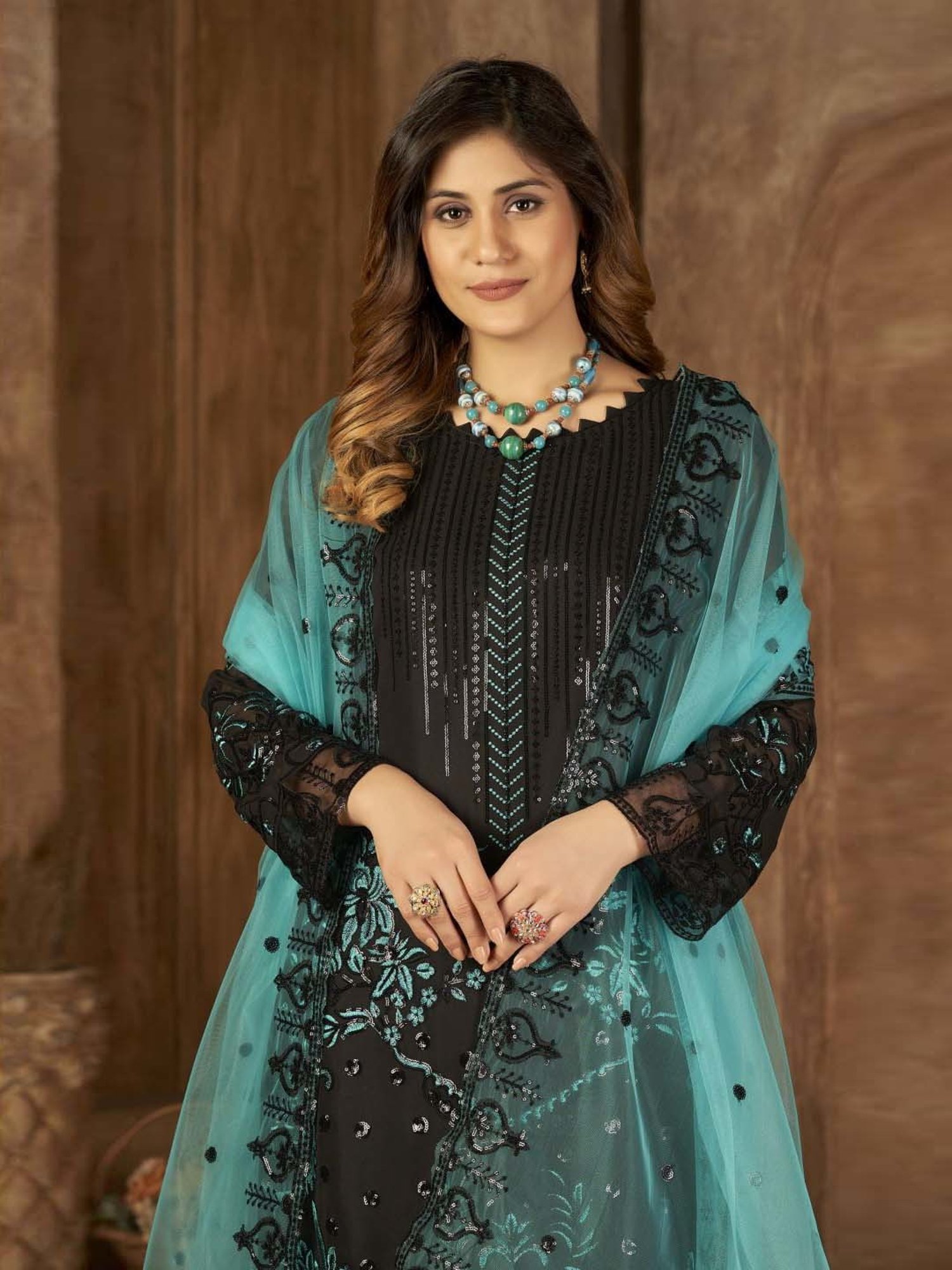 Warthy Ent Blue Embroidered Semi Stitched Dress Material