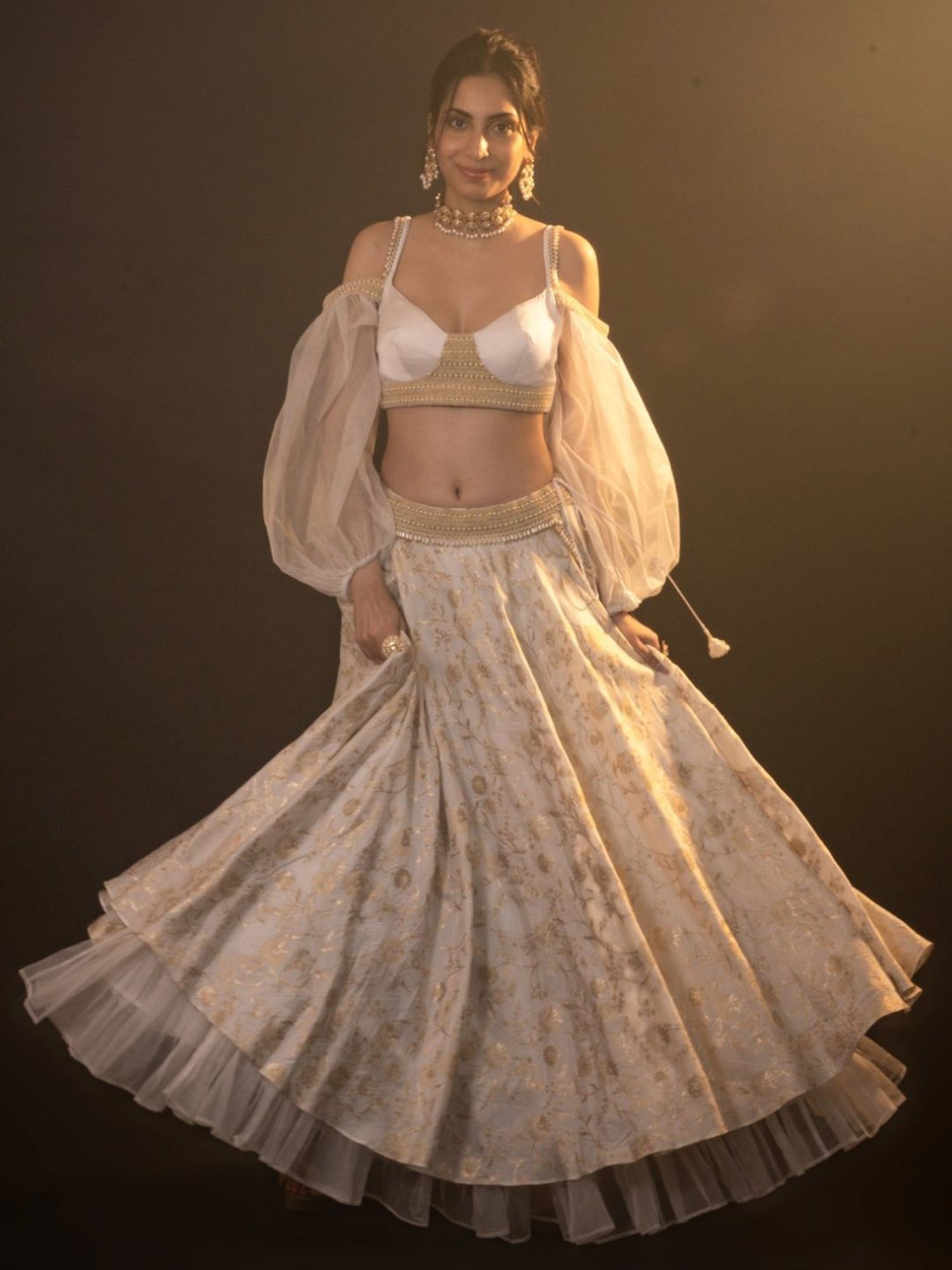 Monk and Mei Soul of Swan White and Gold Diana Brocade Lehenga Set