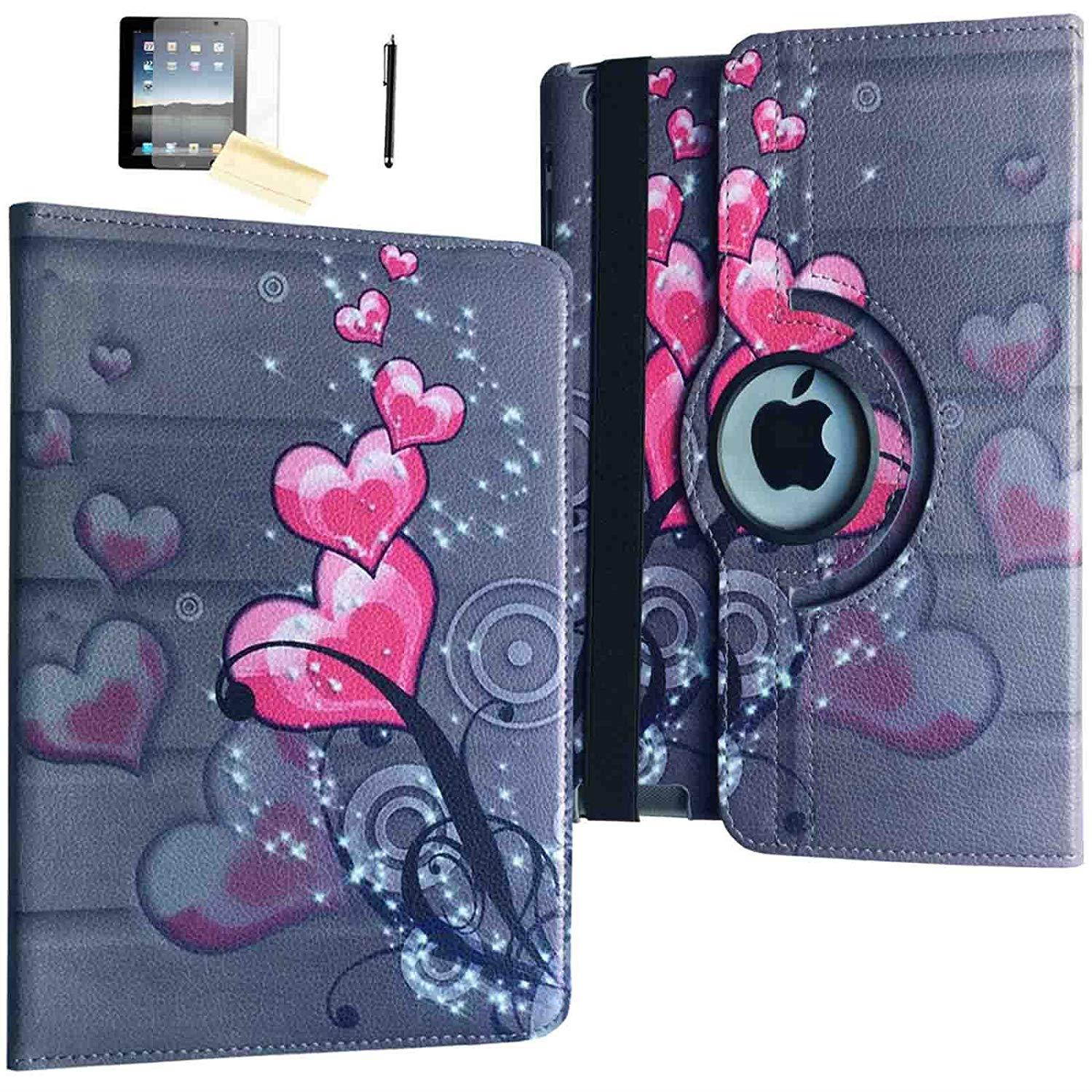 iPad 2 Case, iPad 3 Case, iPad 4 Case, JYtrend (R) Rotating Stand Smart Case Cover Magnetic Auto Wake Up/Sleep For iPad 2/3/4 A1395 A1396 A1397 A1403 A1416 A1430 A1458 A1459  A1460 (Heart Flower)