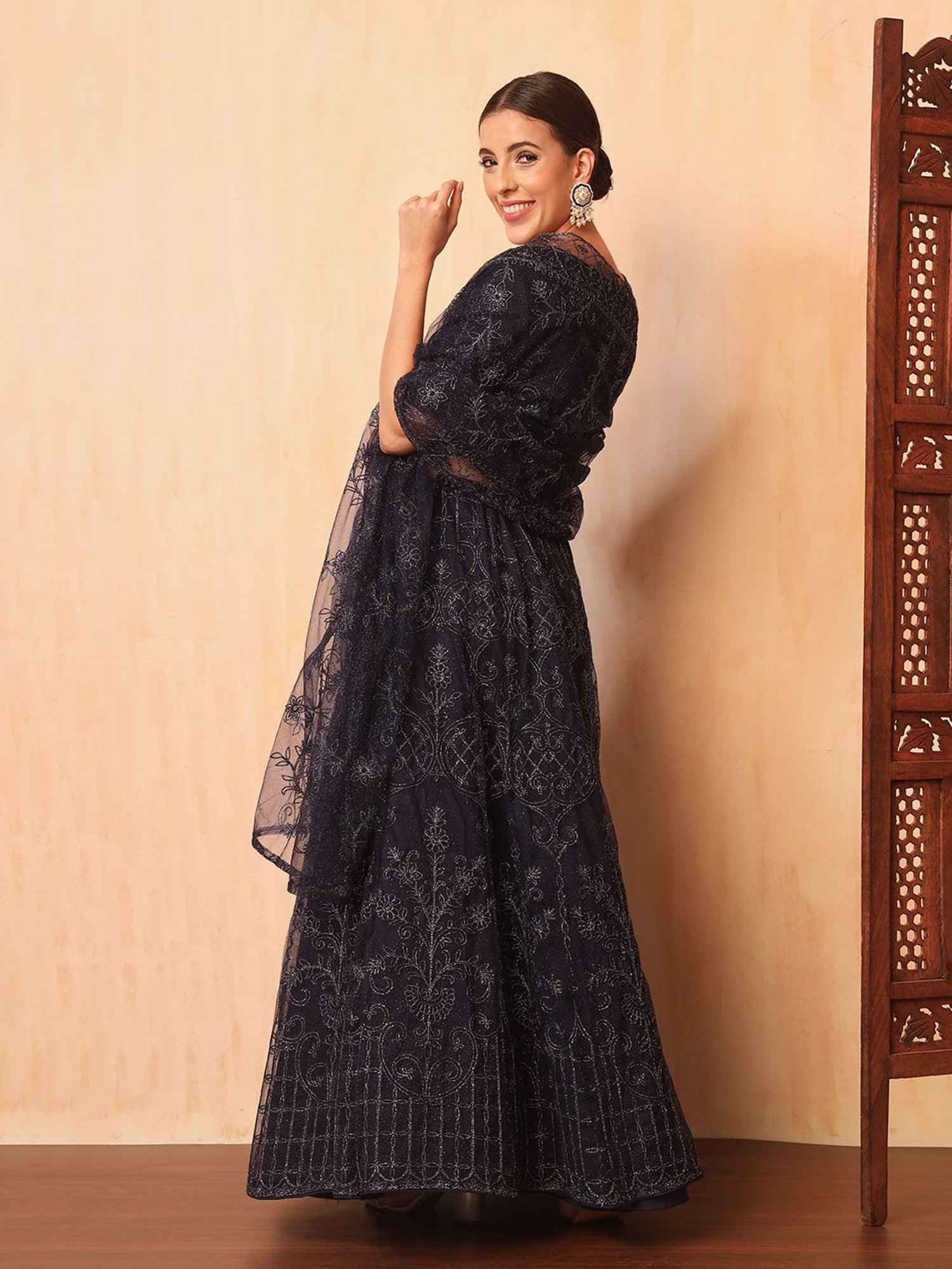 SHUBHKALA Dark Navy Embroidered Lehenga Choli Set With Dupatta