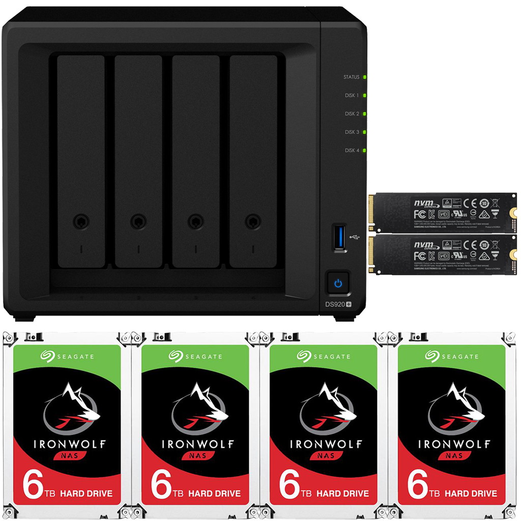 Synology DS920+ DiskStation with 4GB RAM and 24TB (4 x 6TB) of Seagate Ironwolf NAS Drives and 2TB (2x1TB) NVMe Cache Fully Assembled and Tested By CustomTechSales
