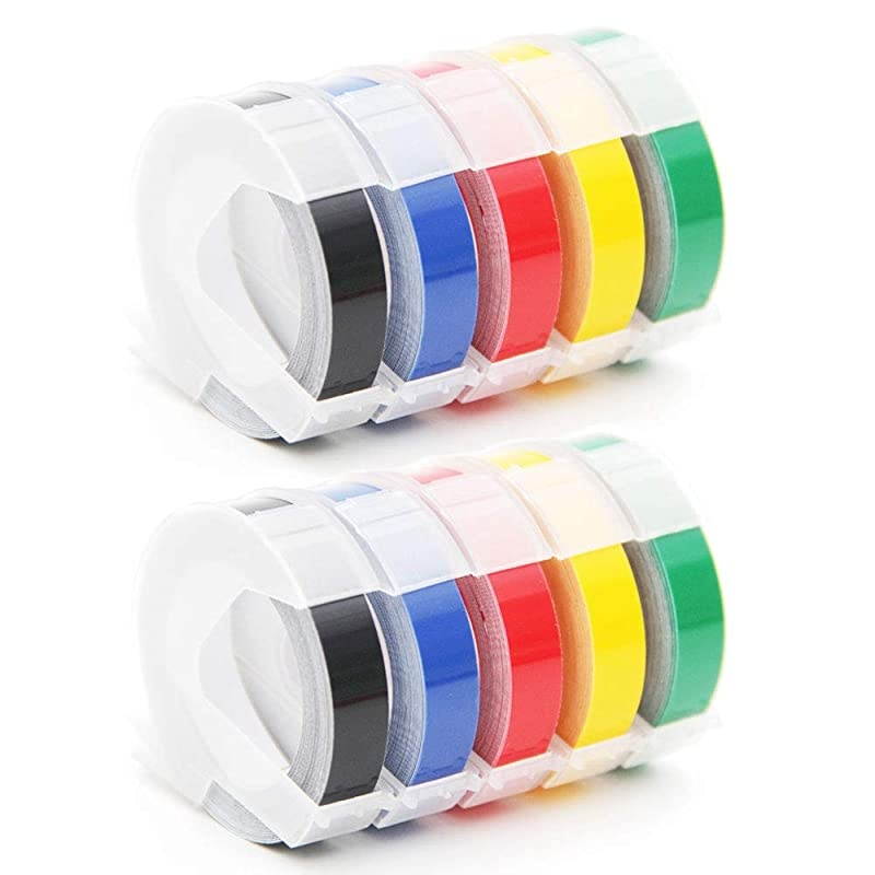 Embossing Tapes 3D Plastic 6mm 14 Inch X 98 Feet Replacement for Dymo Label Makers Office Mate II DYM12965 12966 Organizer Xpress Pro White on BlackRedBlueYellowGreen 10Pack
