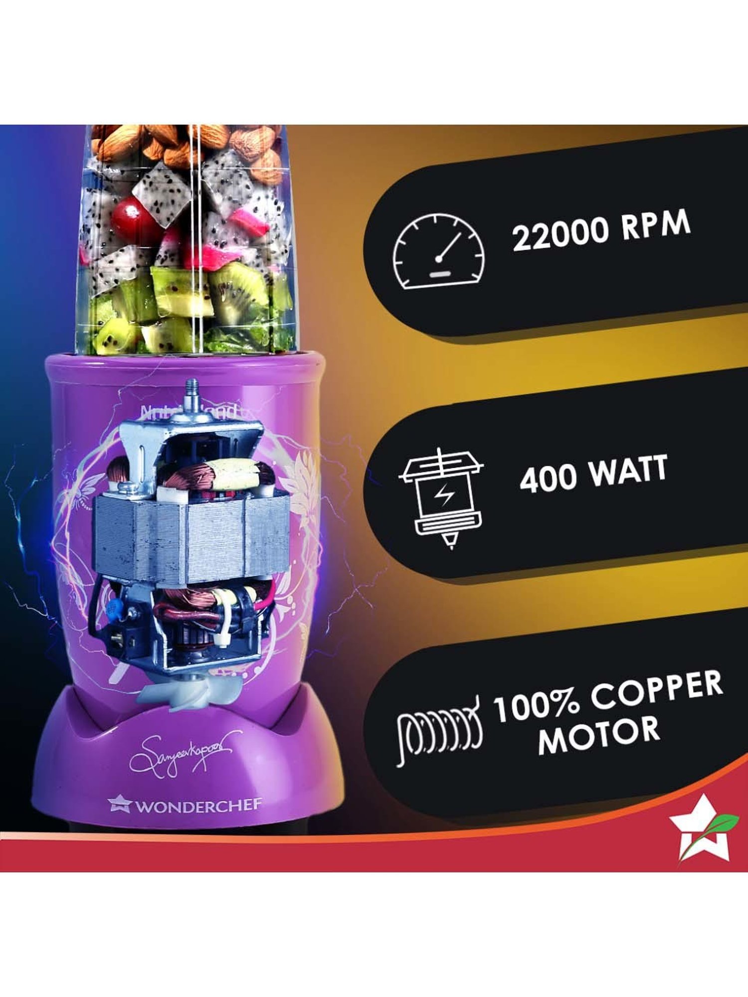 Wonderchef Nutri Blend Orchid 22000 RPM 400W Copper Motor with 2 Jars & 2-Yr Warranty, Recipe Book