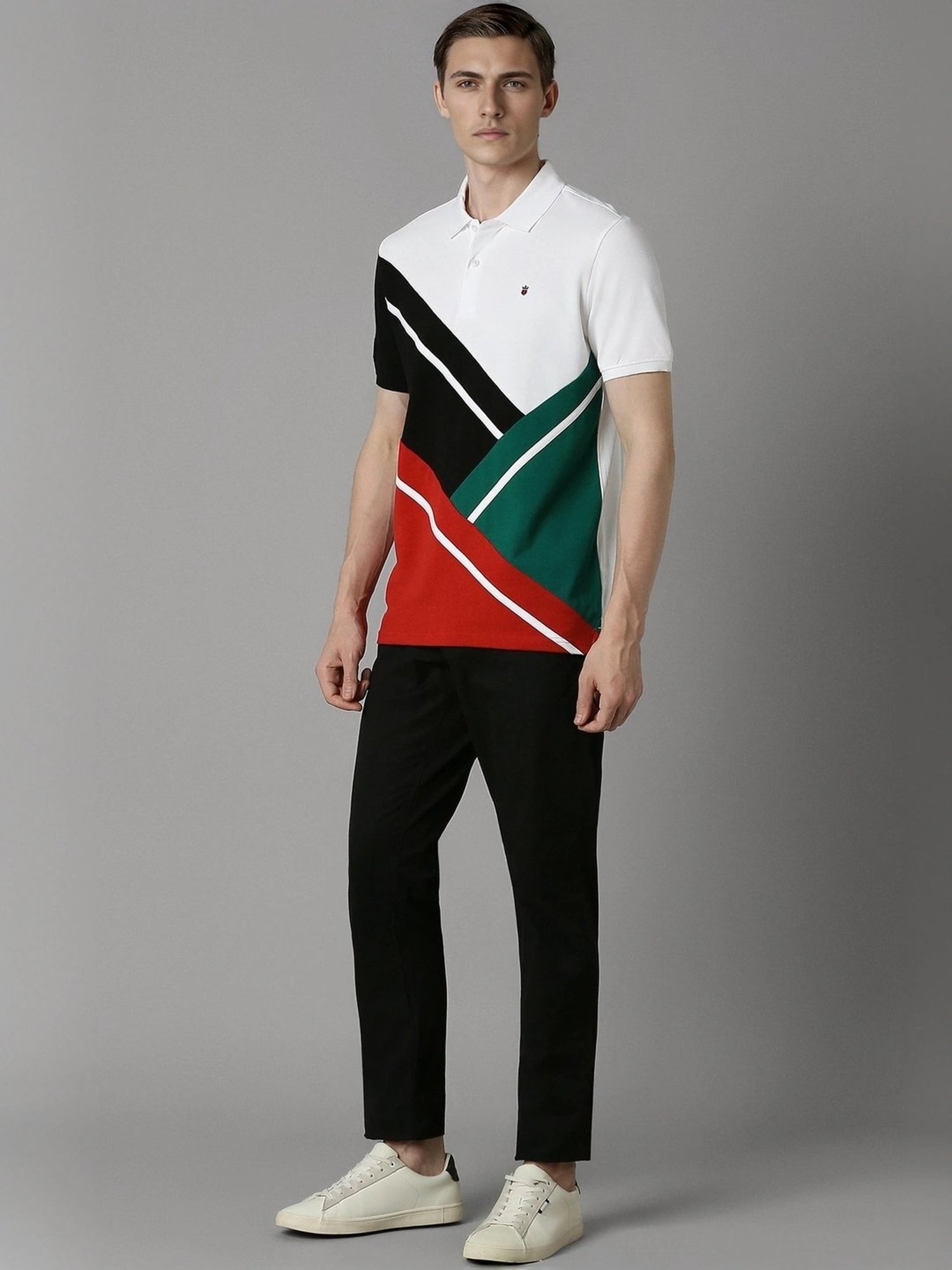 Louis Philippe White Cotton Slim Fit Colour Block Polo T-Shirt