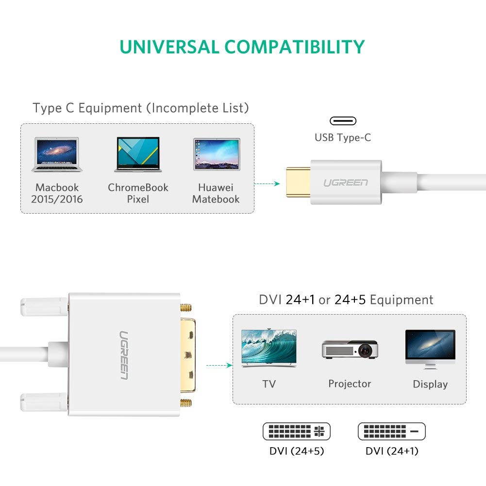 UGREEN USB C to DVI Cable, USB Type C to DVI D 24+1 Adapter Cable with 1080P FHD Thunderbolt 3 Compatible for Apple MacBook Pro, Samsung S9 S8 Plus Note 8, LG G5 G6, HTC 10, Nexus 5X 6P, Google Pixel