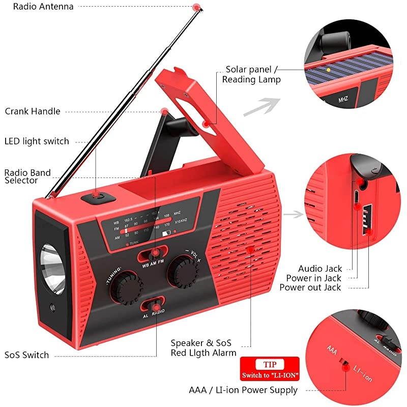 2020 Premium Version EmergencySolarHandCrankRadio Portable NOAA Weather Radios with AMFM AlarmReading Lamp2000mAh Power BankRed