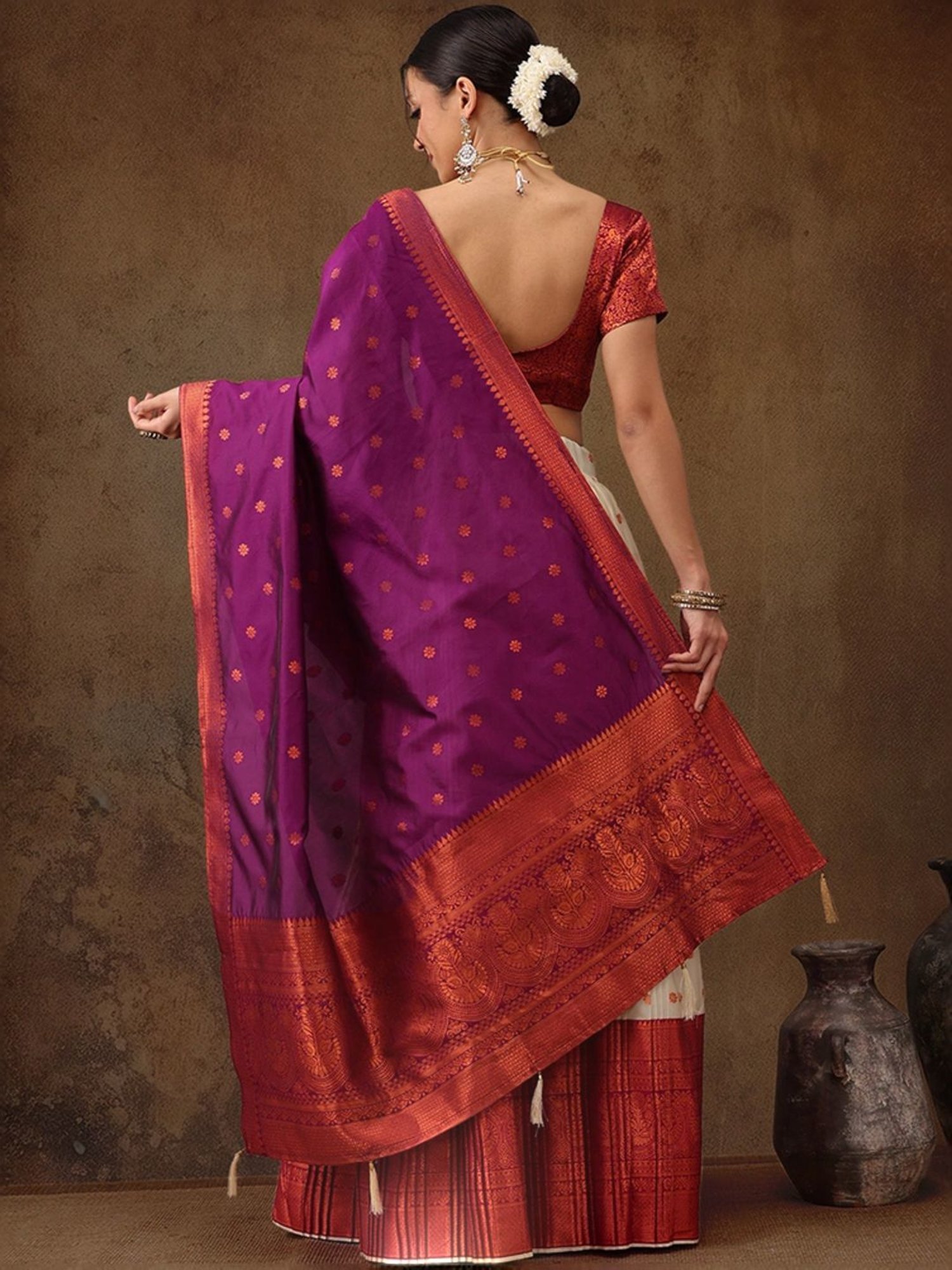 Silk Land Beige & Purple Woven Pattern Semi Stitched Lehenga Choli Set With Duppata