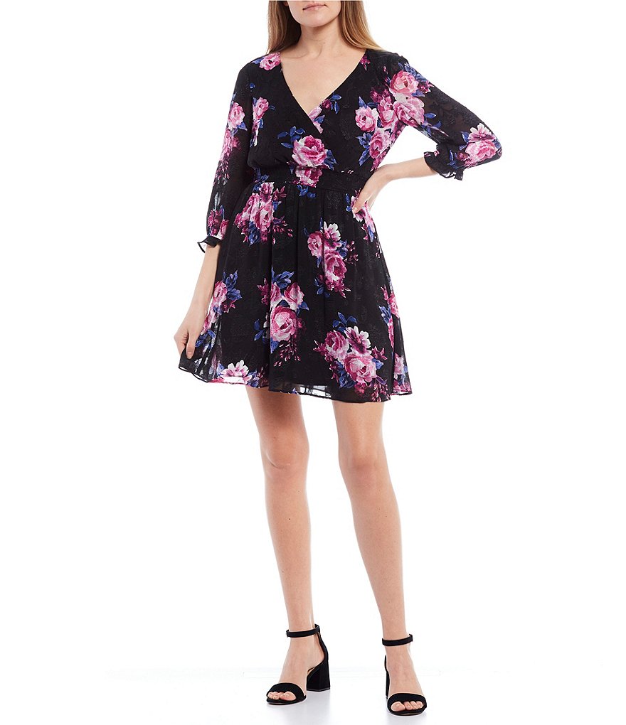 I.N. San Francisco 3/4 Sleeve Floral Print Smocked-Waist Fit-and-Flare Dress