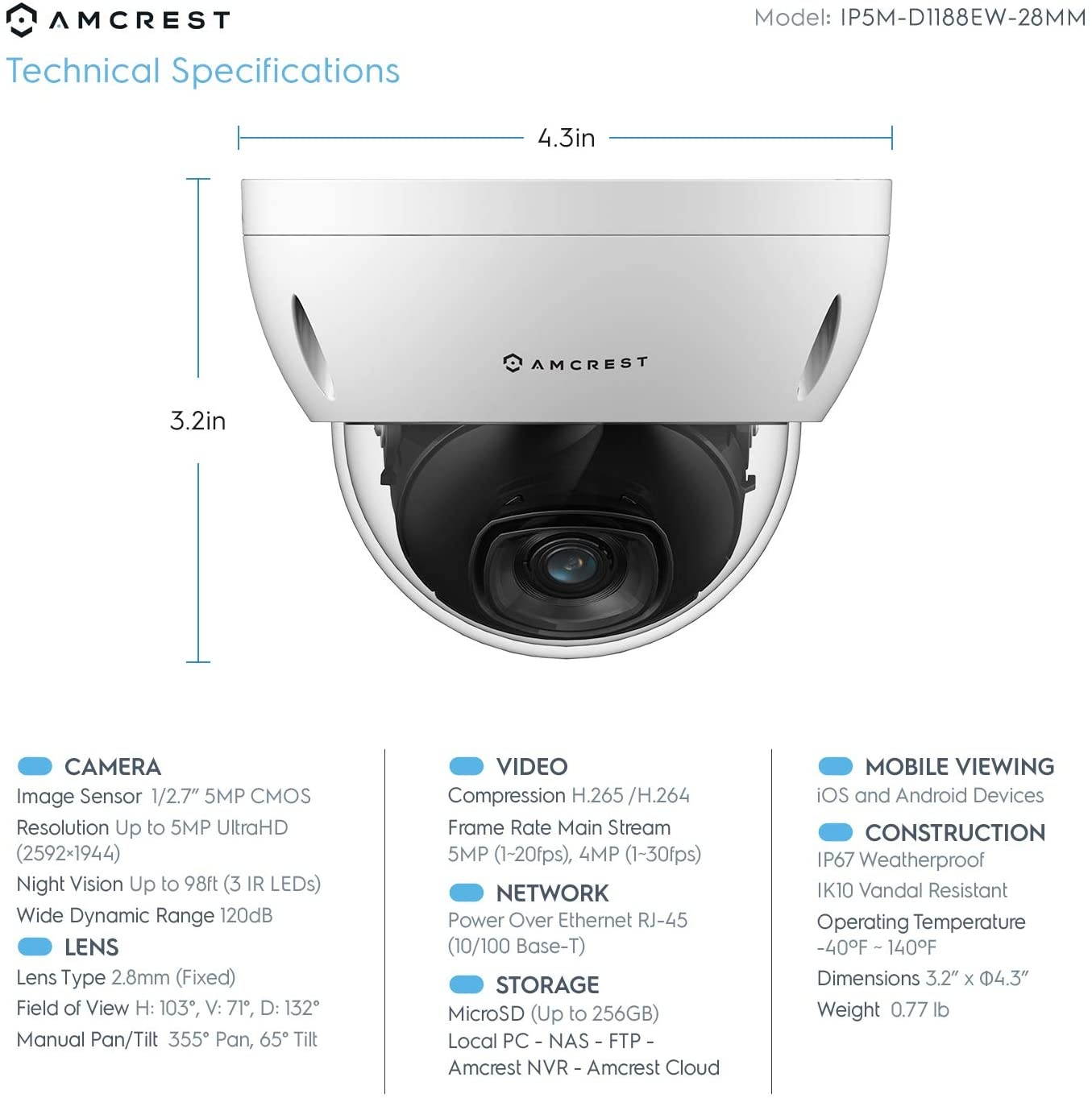 Amcrest 5MP POE Camera, Outdoor Vandal Dome Security POE IP Camera, 5-Megapixel, 98ft NightVision, 2.8mm Lens, IP67, IK10 Resistance, MicroSD 256GB (Sold Separately), Cloud, NVR (IP5M-D1188EW-28MM)