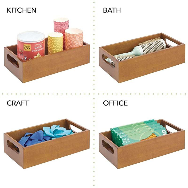 Bamboo Wood Compact Food Storage Bin with Handle for Kitchen Cabinet Pantry Shelf to Organize Seasoning Packets Powder Mixes Spices Packaged Snacks 2 Pack Brown