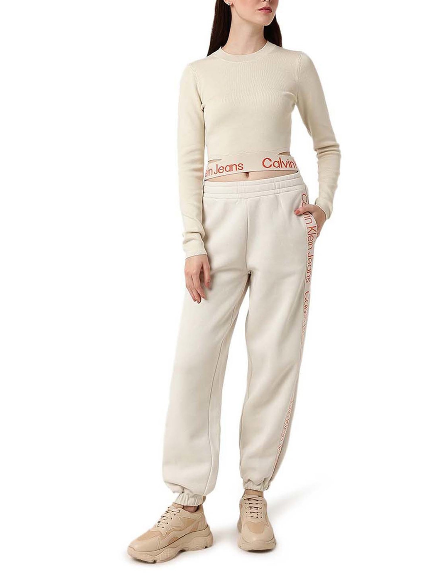 Calvin Klein Jeans Eggshell & Coral Orange Logo Comfort Fit Sweater