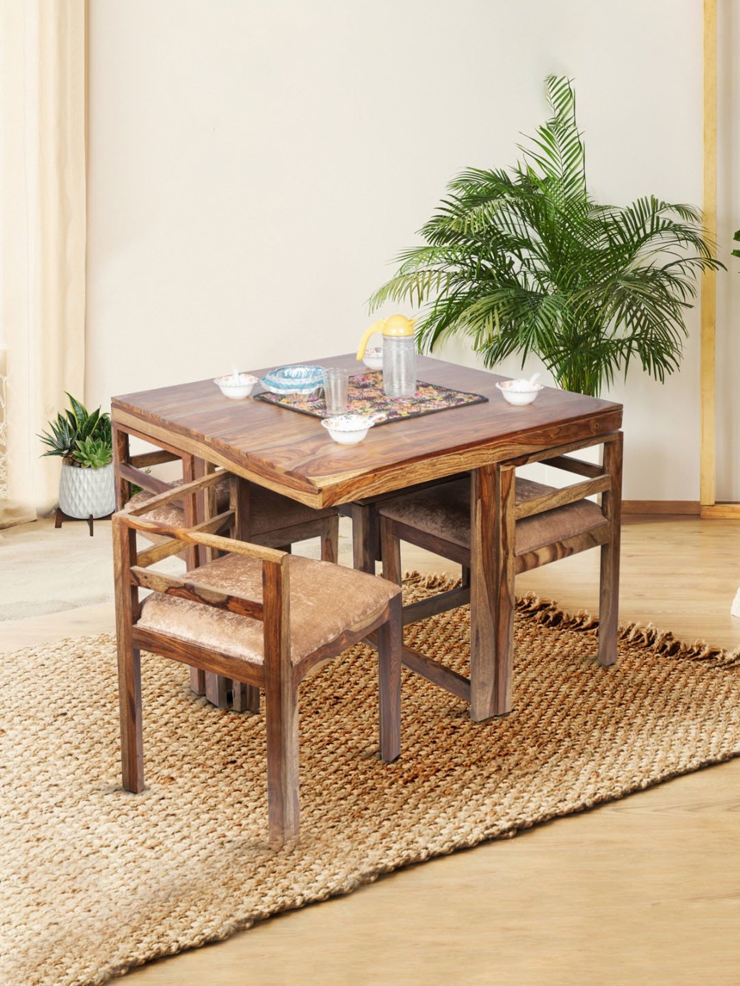 Ikiriya Kingston Solid Brown & Beige Wood 4 Seater Dining Table Set Teak Finish
