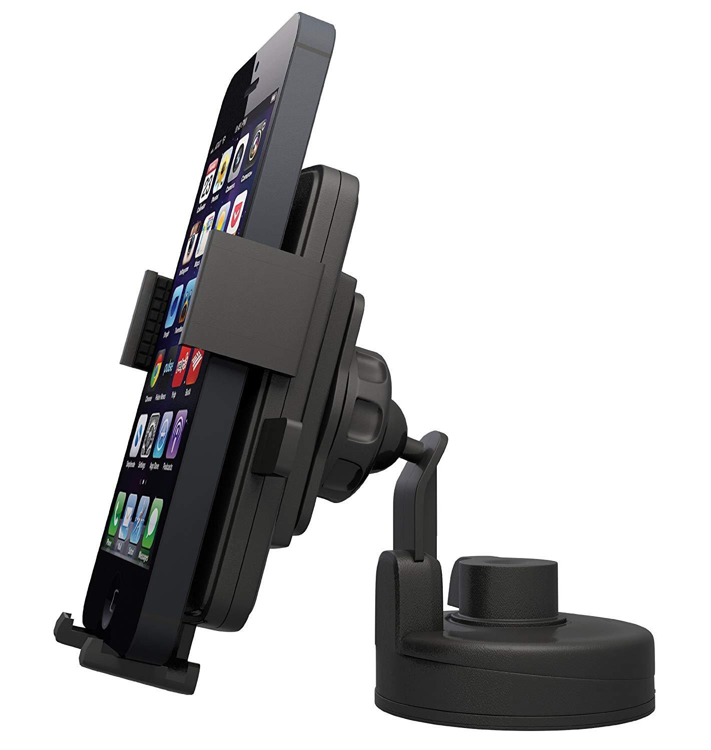 Car Phone Holder - Windshield Smartphone Mount for Cell Phone, Mobile, GPS - Universal Car Mount for iPhone 4, 5, 6, 7, X Samsung Galaxy S5 S4 S3 S2 - Auto, Black, Hands Free, Best Grip Holder for Car