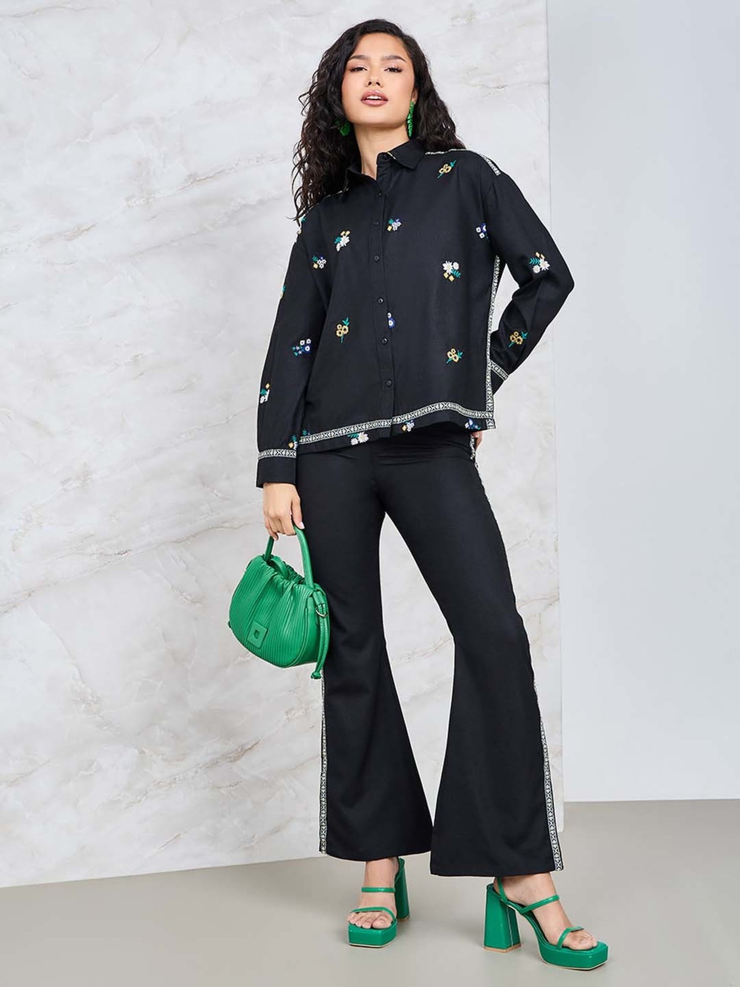 Styli Black Embroidered Shirt Pants Set