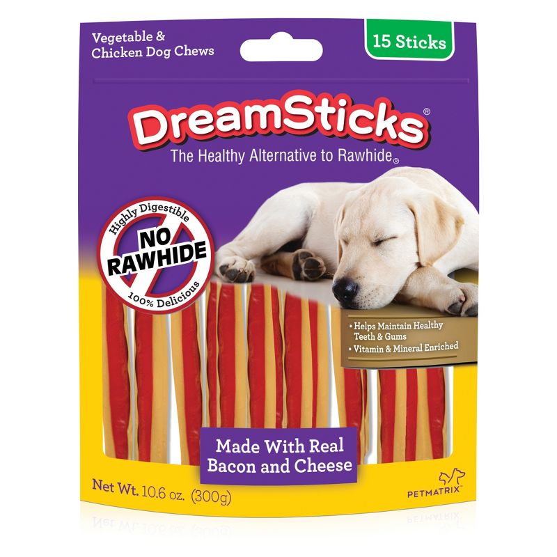 DreamBone Rawhide Free  Dog Chews Bacon & Cheese Flavored Sticks Dog Treats - 15ct