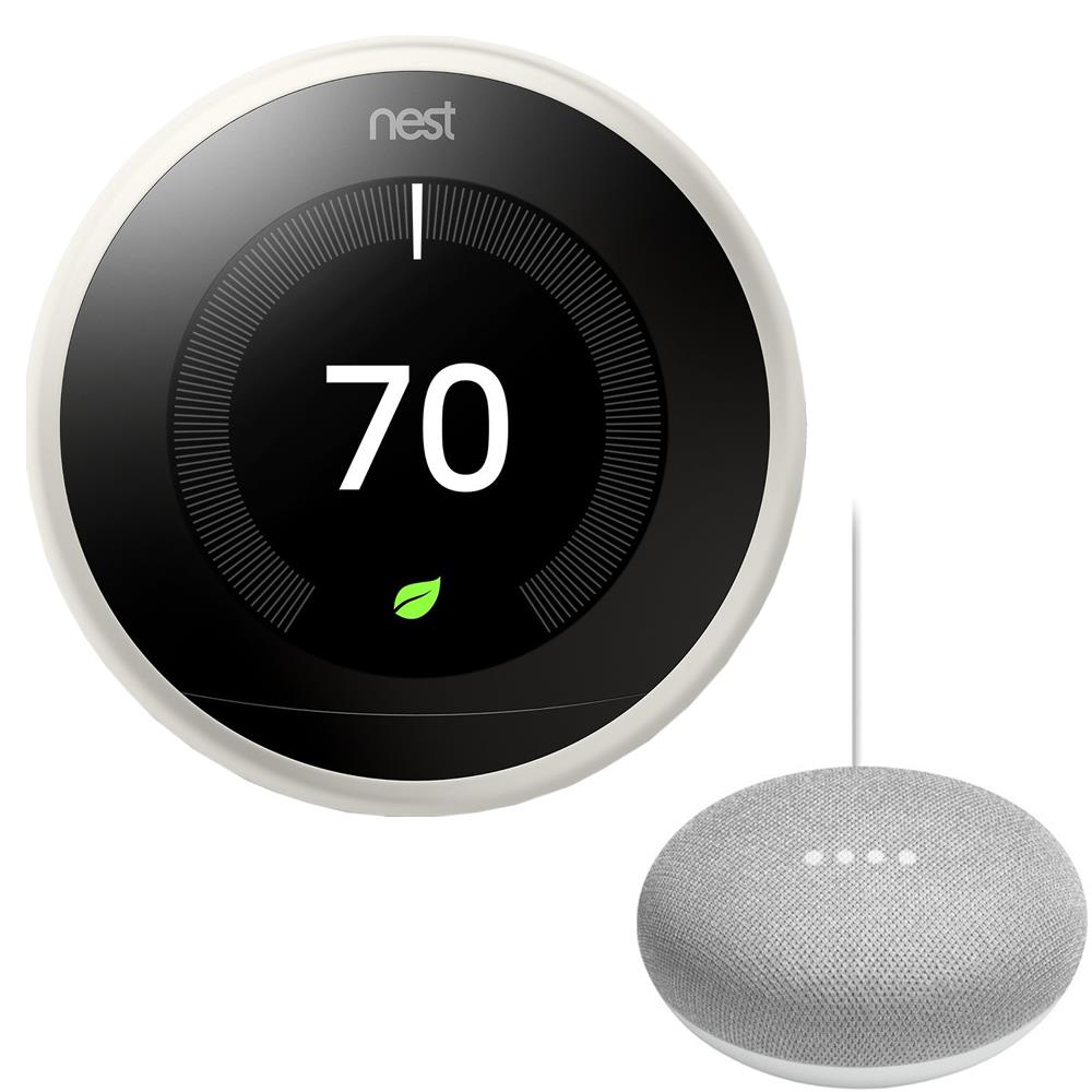 Nest T3017US Learning Thermostat 3rd Gen with Google Mini Home Smart Speaker, Chalk