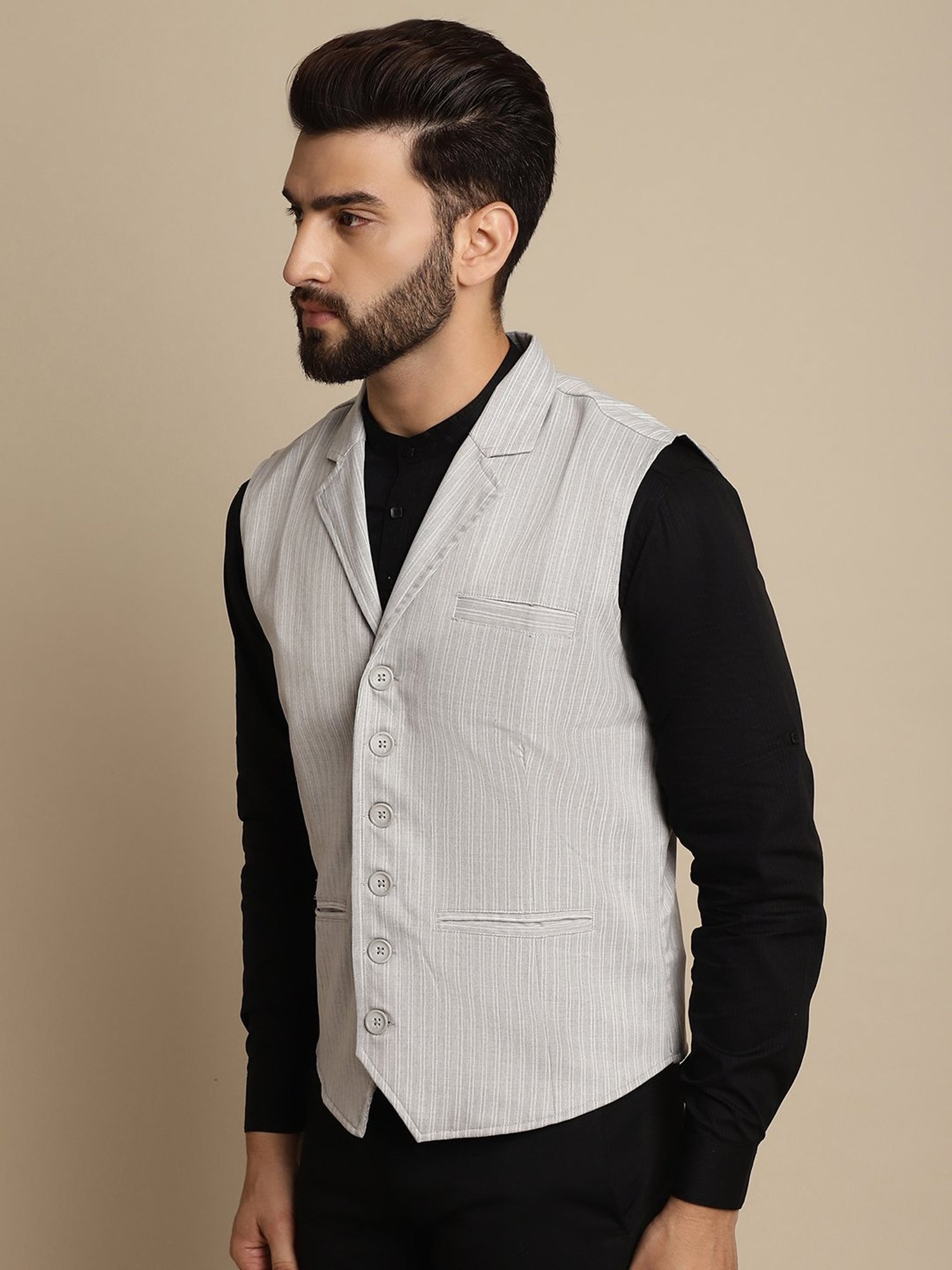 Even Grey Regular Fit Striped Notch Lapel Waistcoat