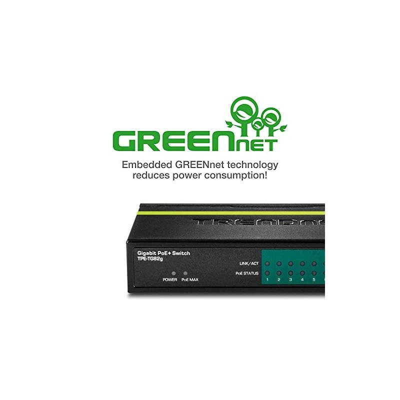 8Port GREENnet Gigabit PoE+ Switch TPETG82G Supports PoE and PoE+ Devices 61W PoE Budget 16Gbps Switching Capacity Data amp Power via Ethernet to PoE Access Points amp IP Cameras