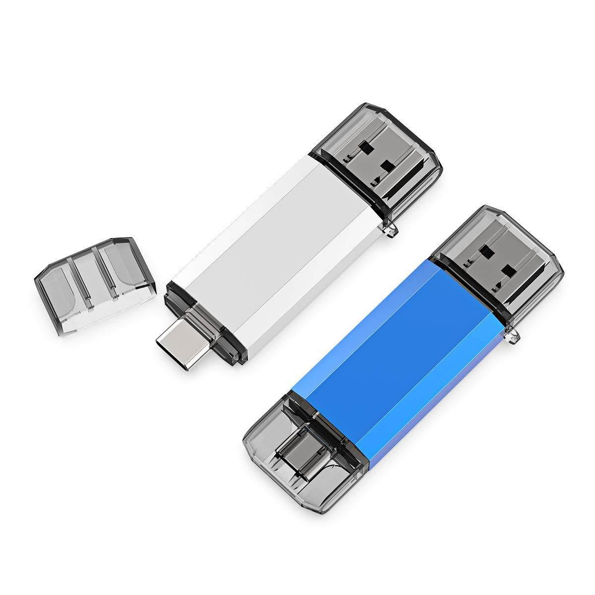 Aiibe 32GB USB 3.0 Type C Flash Drive High Speed Dual USB OTG Flash Drives for USB C Smartphones, Tablets & New MacBook, 2Pack (Mix Color : Blue & Silver)