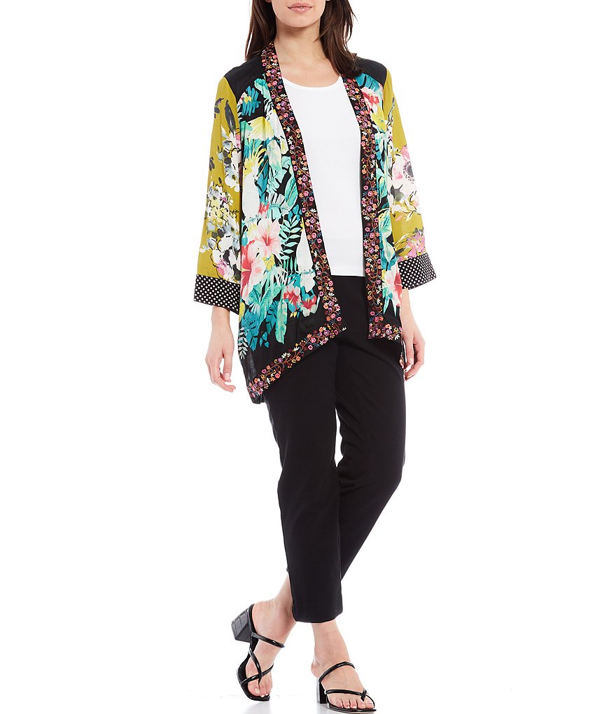 John Mark Embroidered Collar Crepe Floral Printed Kimono Jacket