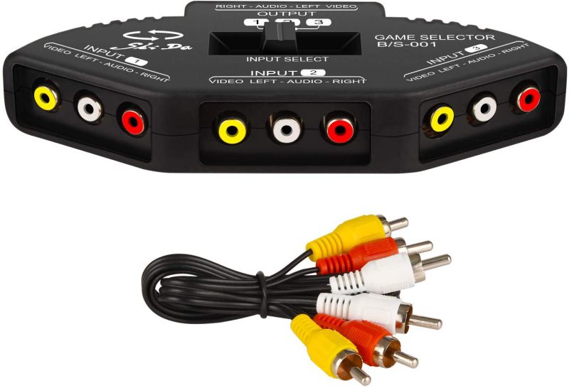 RCA Splitter with 3-Input and 1-Output, Audio and Video RCA Switch Box with Cable for Connecting 3 RCA Signal Devices to 1 Monitor