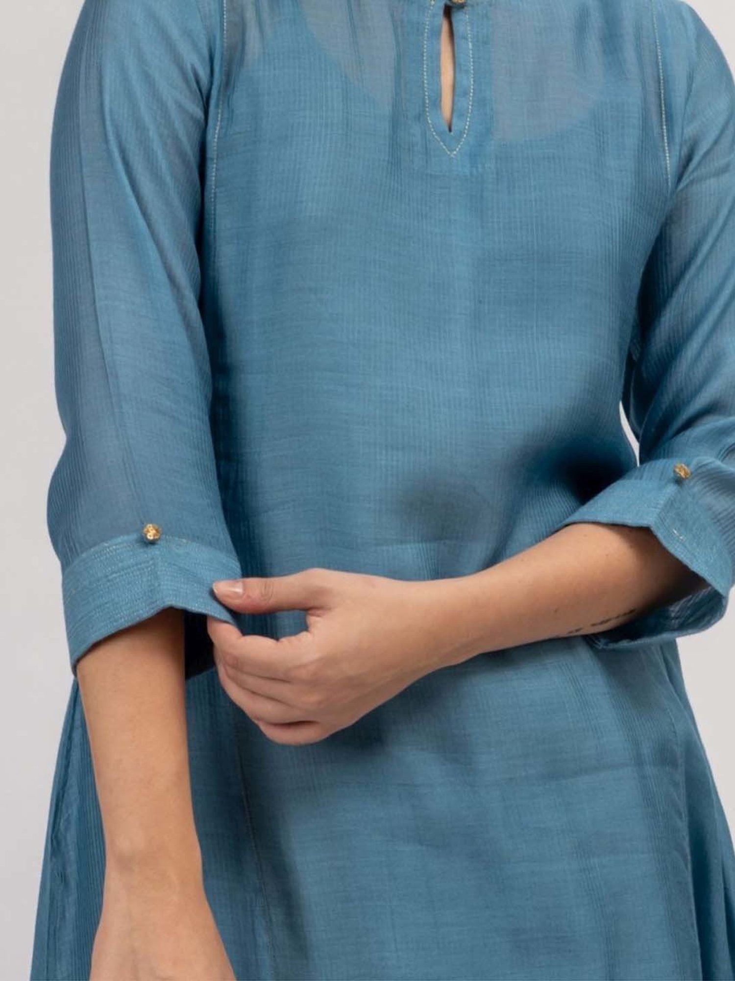 Mushio Blue & Grey Stitch Detail Hand Woven Maheshwari Silk Kurta With Slip And Cotton Silk Pants