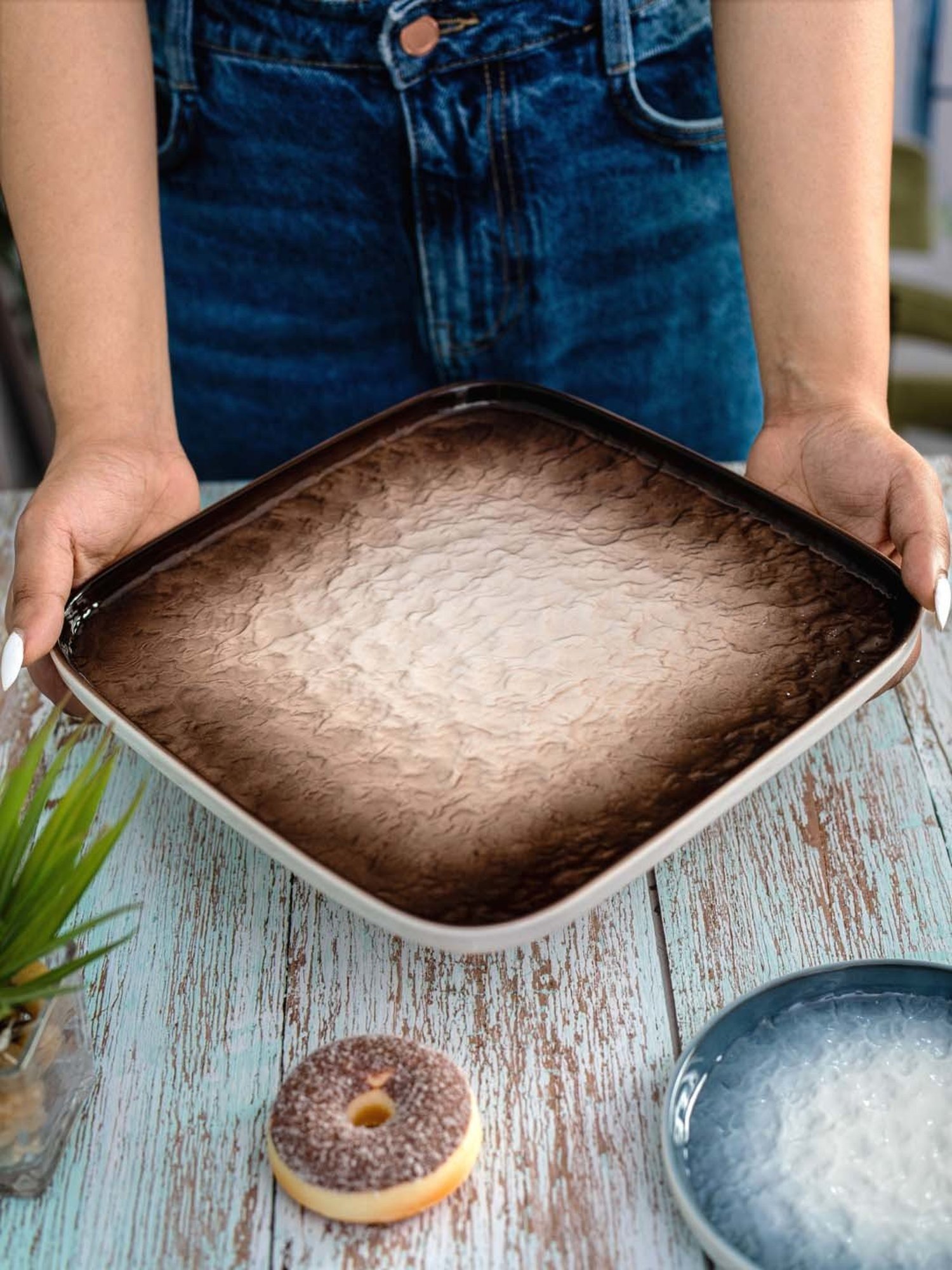 White Gold White & Brown Porcelain Square Snack Platter