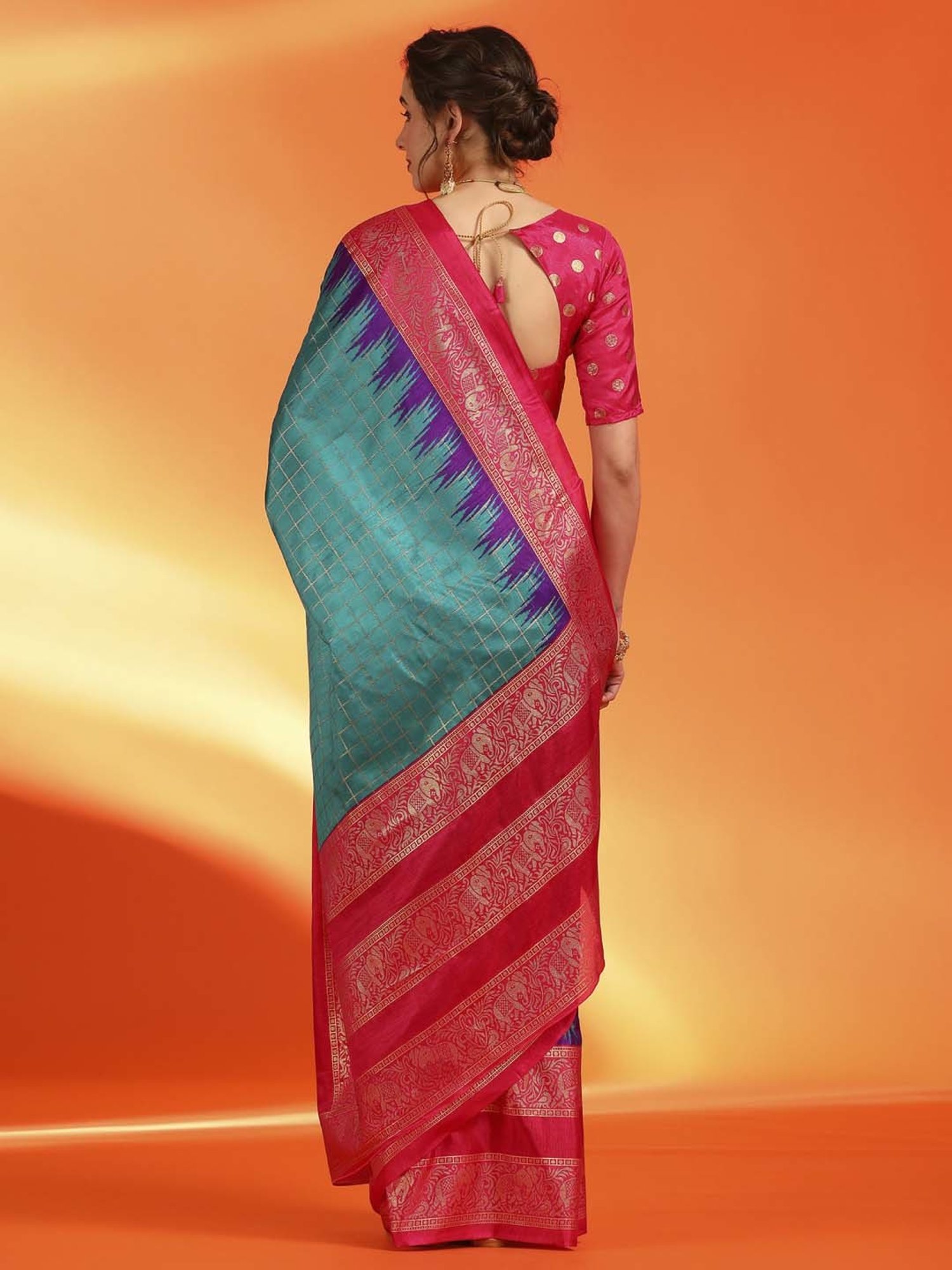 Saree Mall Blue & Pink Silk Printed Saree With Unstitched Blouse