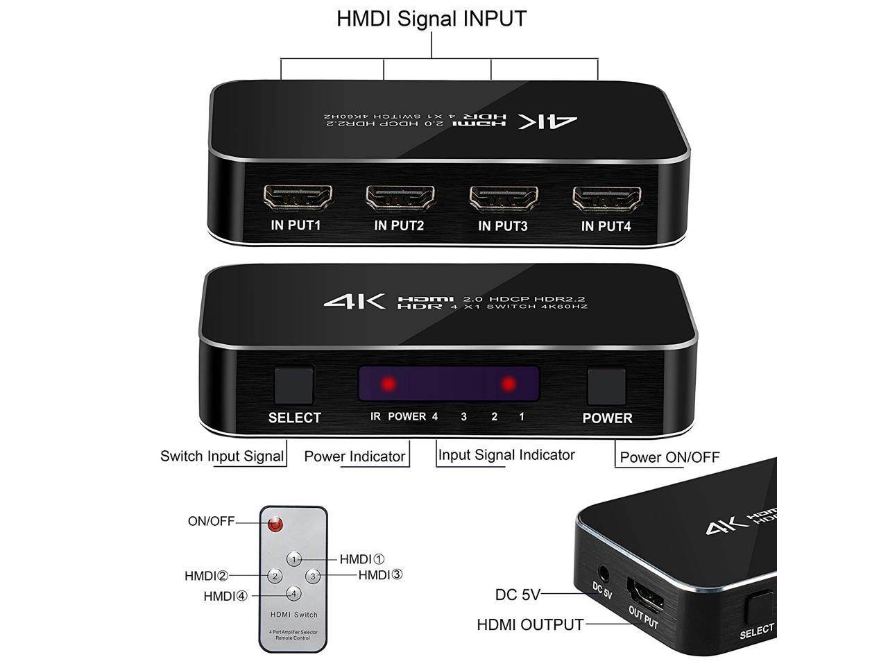 HDMI Switch, Nurbenn 4 Ports 4K 60Hz HDMI 2.0 Switcher Selector with IR Wireless Remote, Supports UltraHD Dolby Vision, High Speed(Max to 18.5Gbps), HDR10, HDCP 2.2 & 3D
