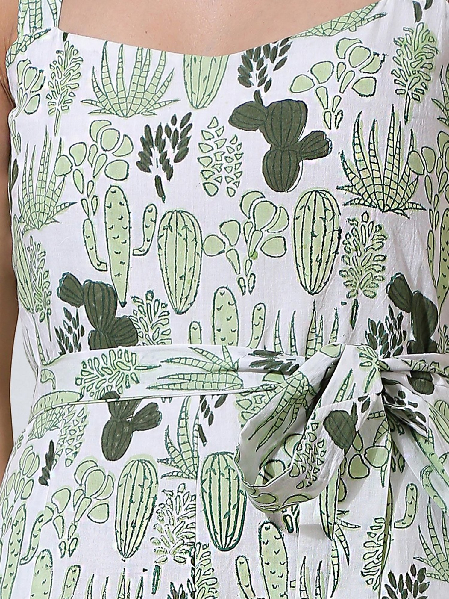 Okhai Succulent White & Olive Green Pure Cotton Printed Jumpsuit