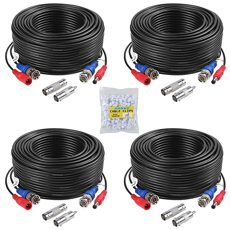 4 Pack 30M100ft AllinOne Video Power Cables BNC Extension Surveillance Camera Cables for CCTV Security DVR System Installation Free BNC RCA Connector and 100pcs Cable Clips Included Black