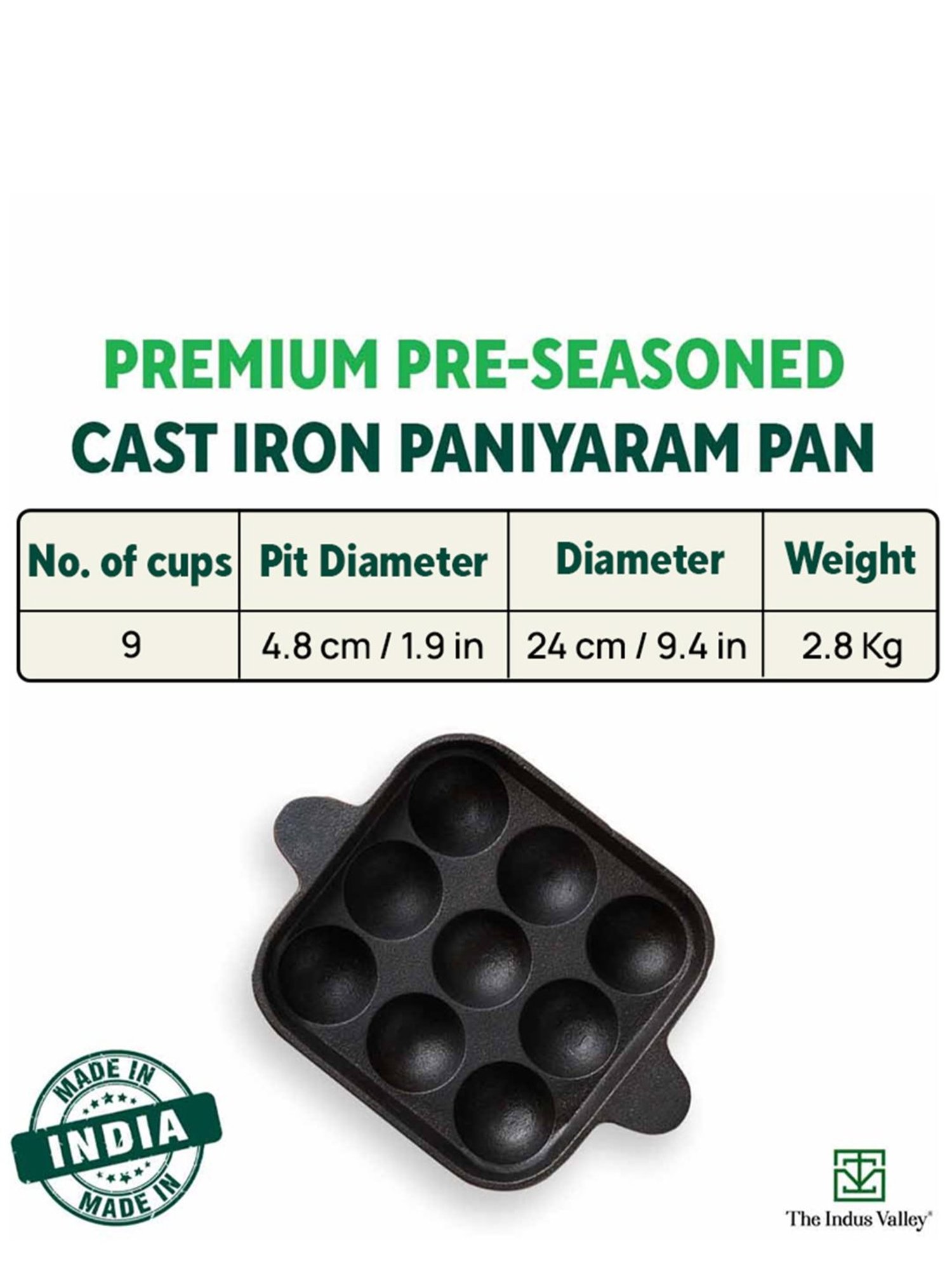 The Indus Valley Black Pre-Seasoned Cast Iron  9 pit Paniyaram Pan