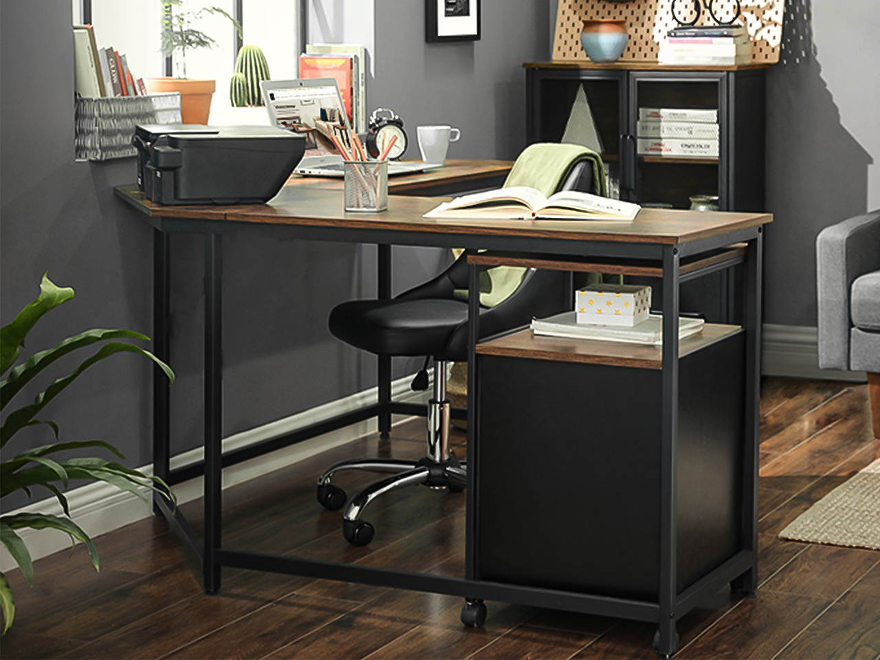 54.3 inch L-Shaped Computer Desk Corner Desk, Office Study Workstation with Shelves, Space-Saving, Easy to Assemble, Rustic Brown